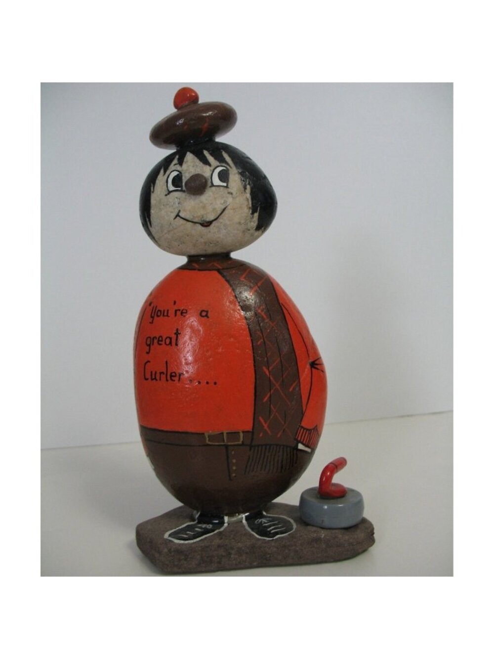 Curling Figurine You're a Great Curler Hand Painted Folk Art Canada Vintage 8"